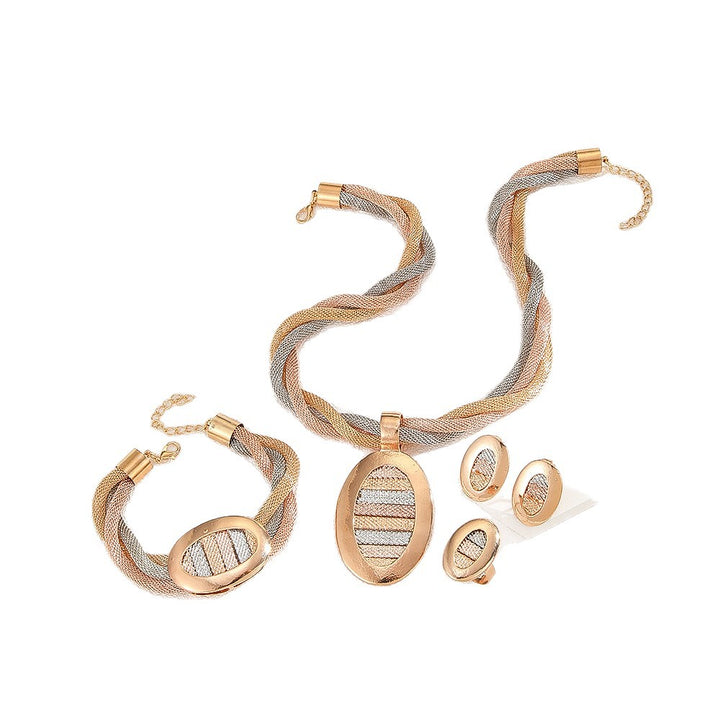 Tri‑Tone Braided Mesh Jewelry Set, Oval Pendant Necklace Bracelet Earrings Ring 4‑Piece Jewelry Kit