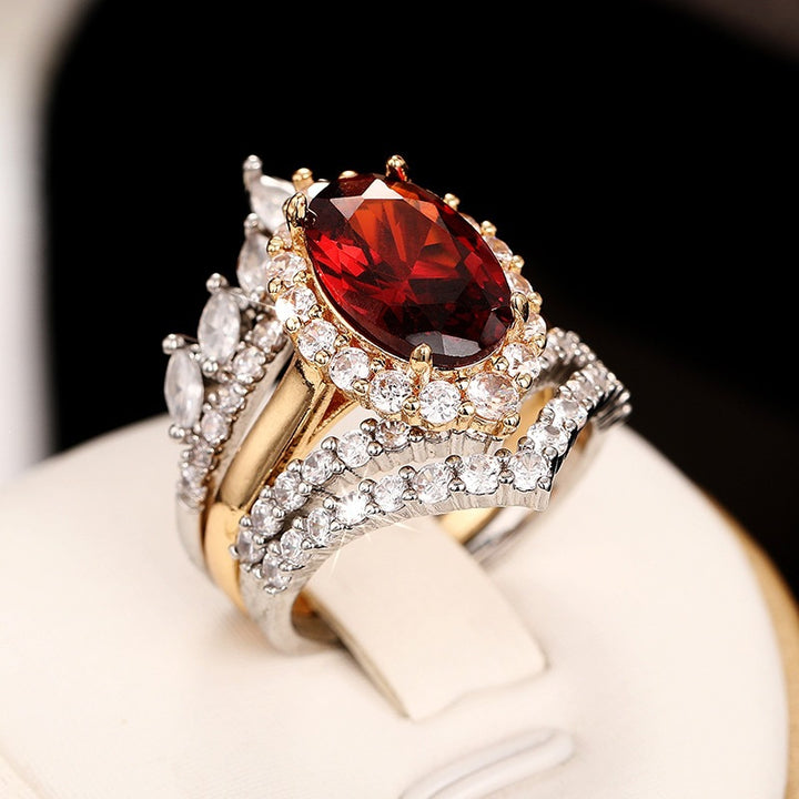 Vintage Oval Gemstone Diamond Three Piece Ring Set Two Tone Stackable Womens Rings