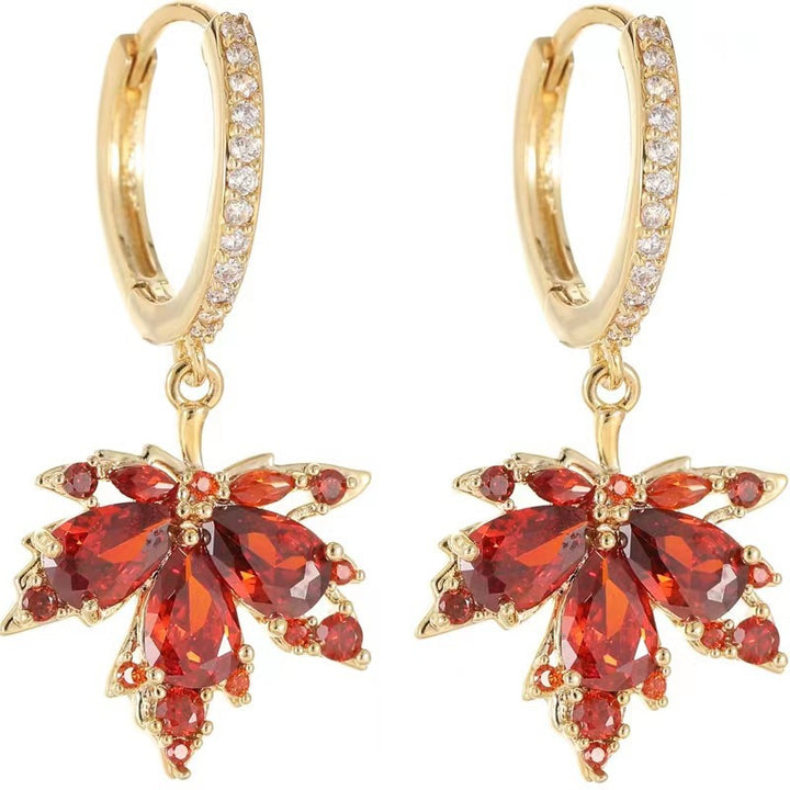 Red Maple Leaf Dangle Hoop Earrings Sparkling Paved Diamond Drop Earrings Autumn Statement Fashion Jewelry For Women Wedding Party Daily Wear