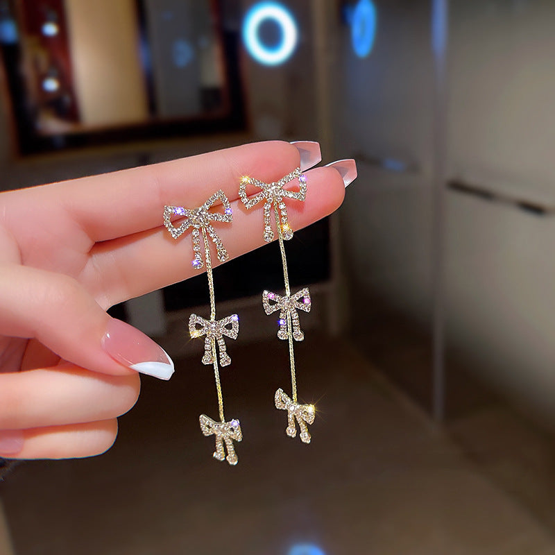Long Tassel Bow Drop Earrings For Women Multi Bow Rhinestone Dangling Earrings Two Color Options