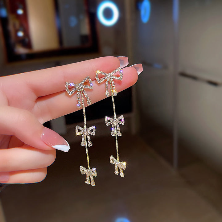 Long Tassel Bow Drop Earrings For Women Multi Bow Rhinestone Dangling Earrings Two Color Options