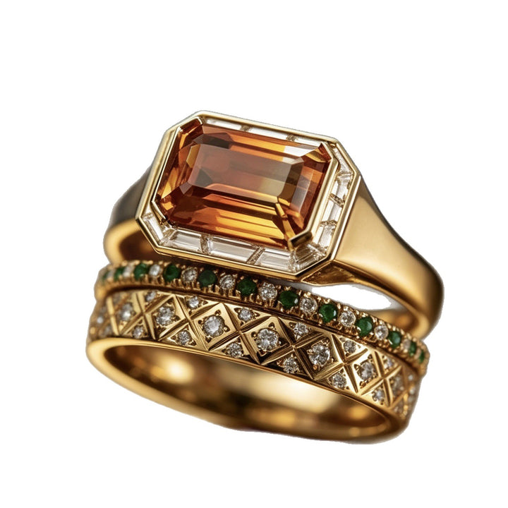 Emerald‑Cut Orange‑Yellow Center Stone Diamond & Emerald 3‑Piece Stackable Ring Set Vintage Royal Style Women’s Bands