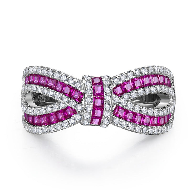 Bow‑Shaped Fuchsia Gem Diamond Wide Band Ring Hollow Intertwined Vintage Women’s Ring