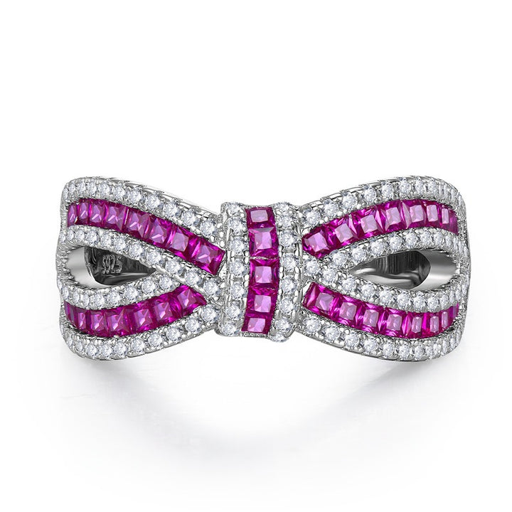 Bow‑Shaped Fuchsia Gem Diamond Wide Band Ring Hollow Intertwined Vintage Women’s Ring