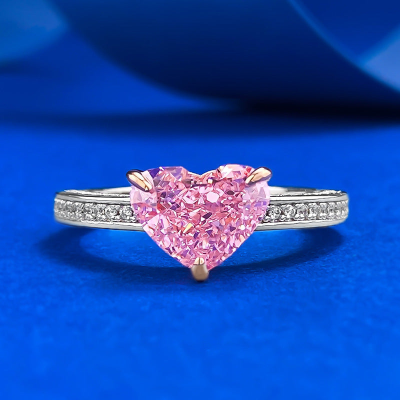 Heart Pink Diamond Paved Thin Ring Elegant Womens Diamond Band