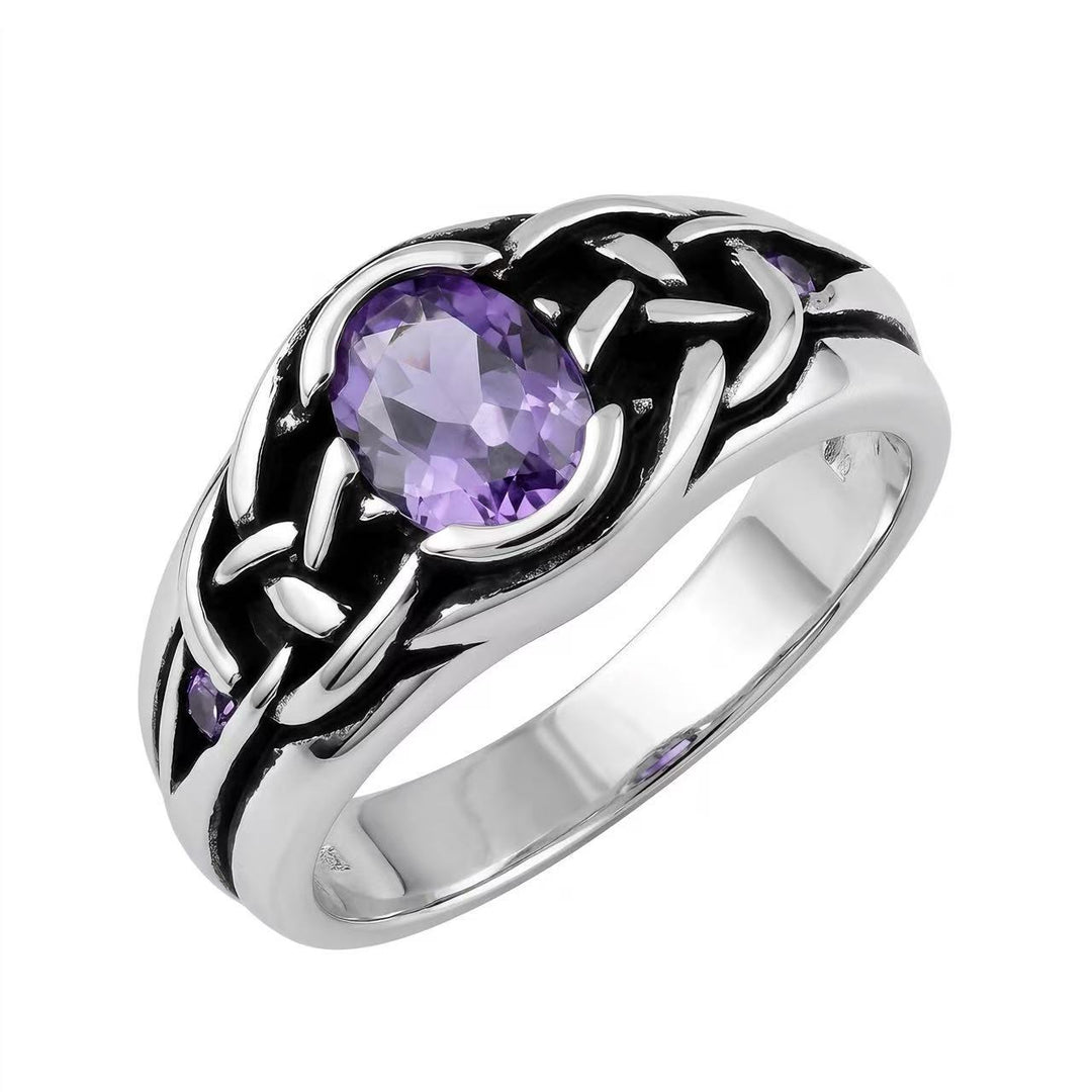 Vintage Celtic Knot Statement Ring Oval Amethyst Main Stone Fashion Jewelry For Men Women