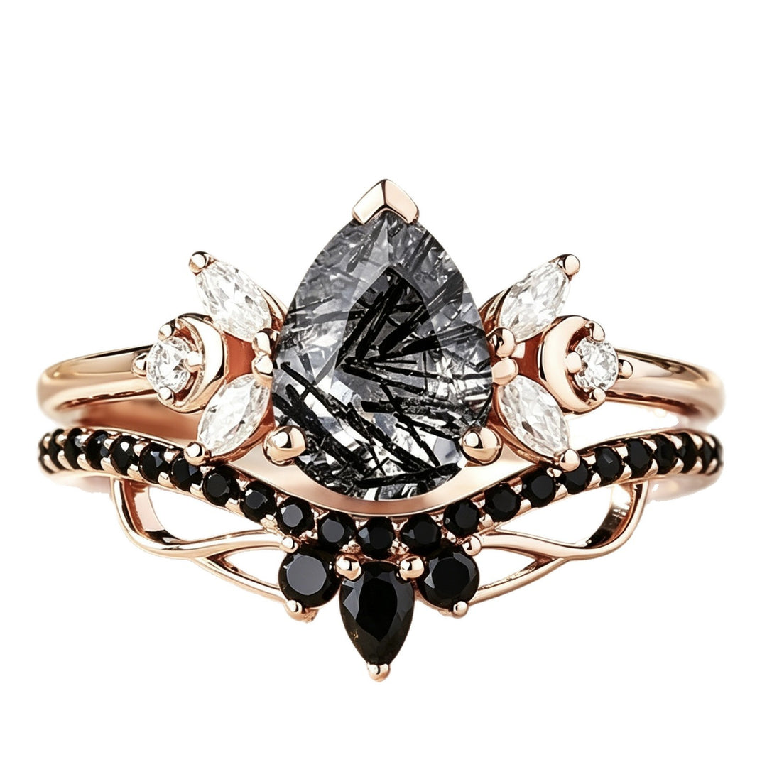 Black Hair Crystal Ring Set Women Rose Gold Stacking Double Ring Diamond Luxury Jewelry Gift