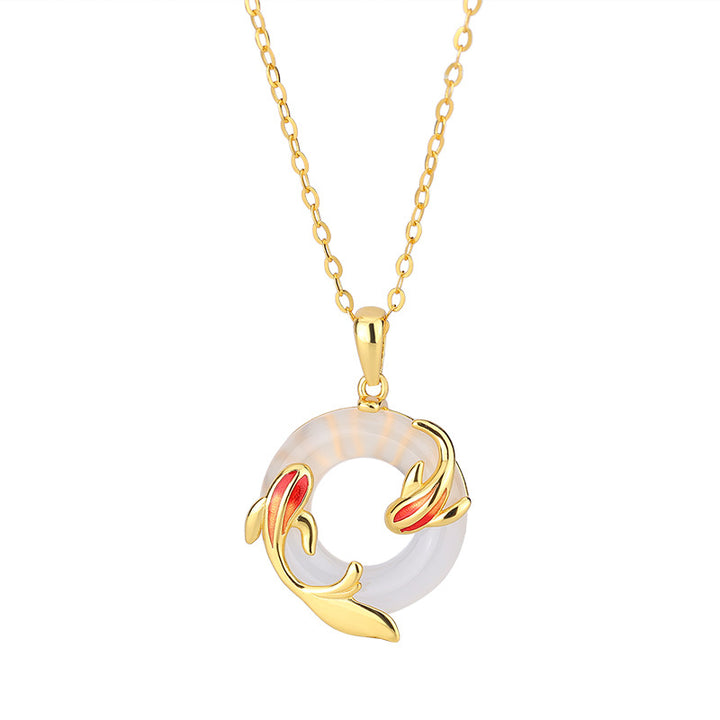Koi Fish Peace Buckle Chalcedony Necklace Women Vermeil Gold Lucky Pendant