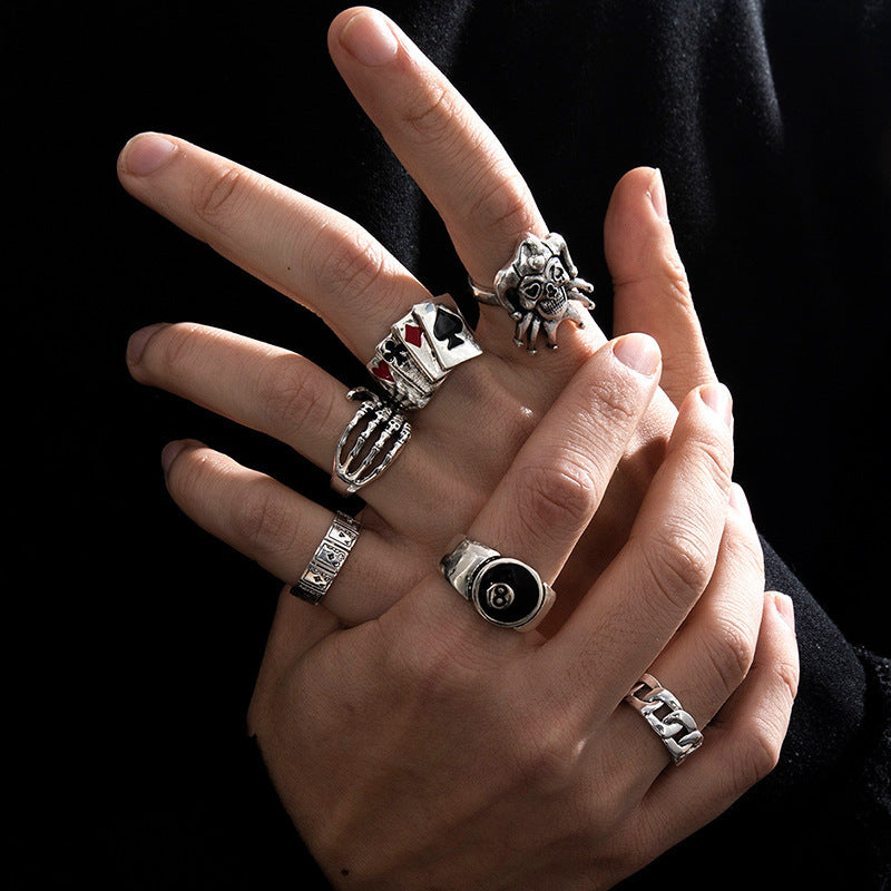 Gothic Skull Poker 8-Ball Sterling Silver Stackable Ring Set Vintage Punk Hip Hop Rings For Men Women