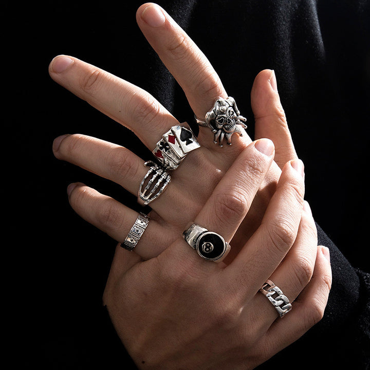 Gothic Skull Poker 8-Ball Sterling Silver Stackable Ring Set Vintage Punk Hip Hop Rings For Men Women