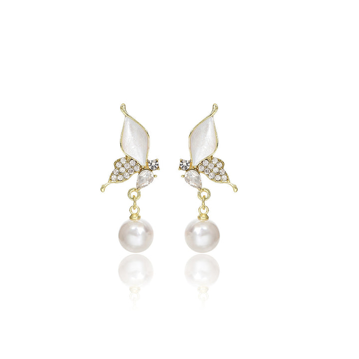 Mother‑of‑Pearl Butterfly Pearl Drop Earrings Elegant Paved Diamond Butterfly Dangle Earrings