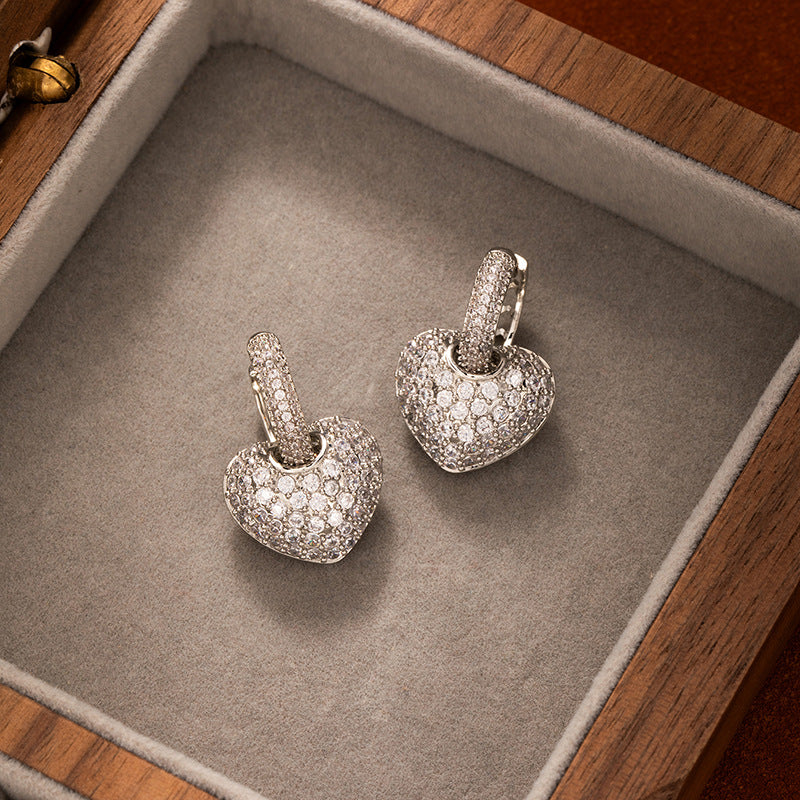 Pave Diamond Heart Charm Huggie Hoop Earrings Women Removable Pendant Drop Earrings
