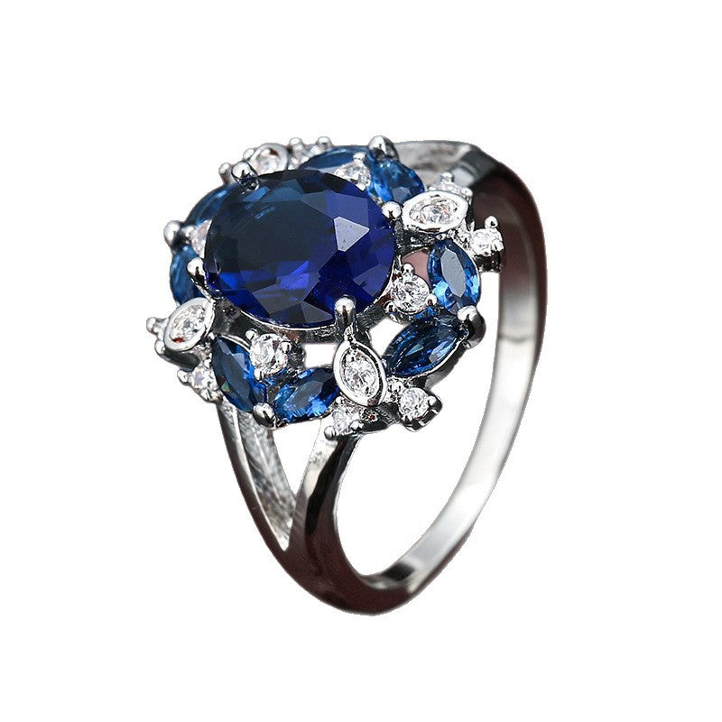 Blue Sapphire Cluster Ring Women Oval Center Stone Marquise Side Halo Diamond Cocktail Ring
