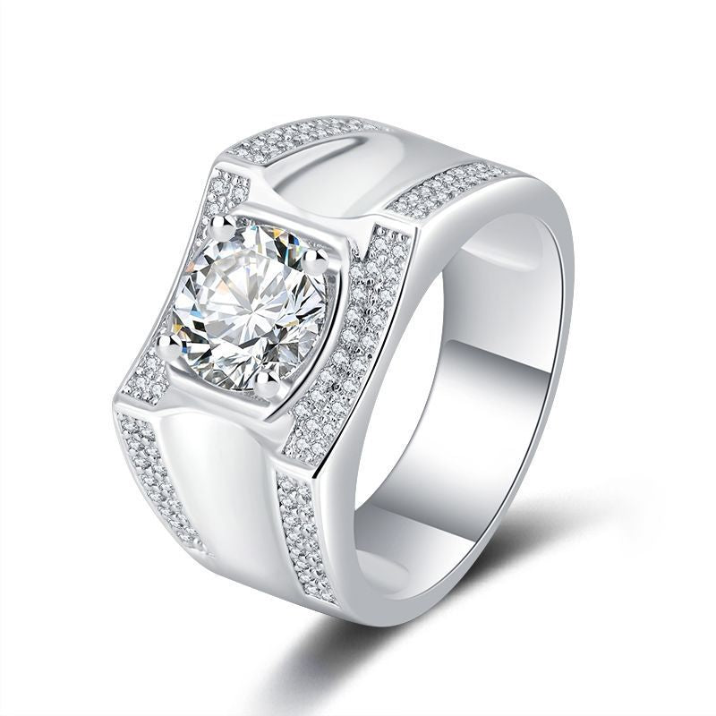 Business Style Wide Band Center Stone Paved Diamond Mens Ring