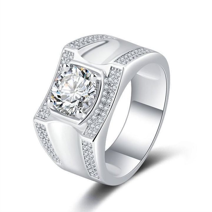 Business Style Wide Band Center Stone Paved Diamond Mens Ring