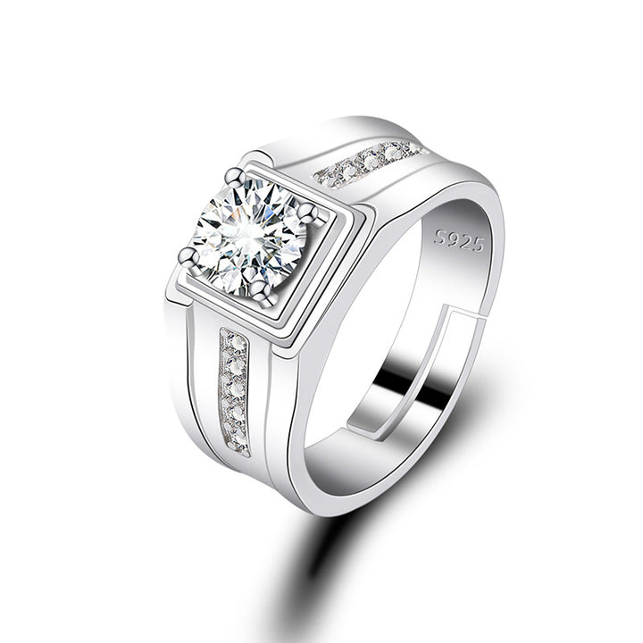 Square Center Stone Adjustable Men's Ring, Business Wide Band Diamond Ring