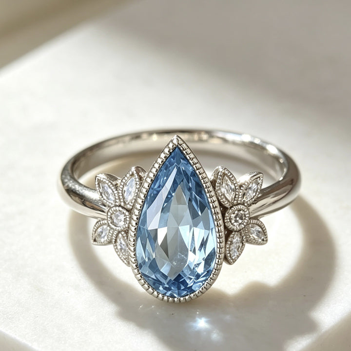 Teardrop Blue Diamond Ring Women Silver Flower Accent Sparkling Luxury Jewelry Gift