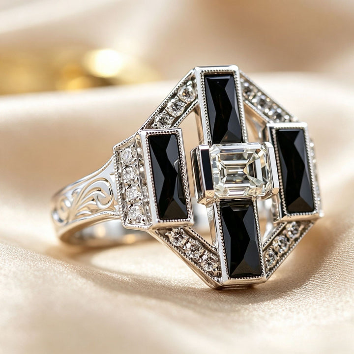 Art Deco Emerald Cut Diamond Statement Ring Black Baguette Agate Geometric Vintage Ring
