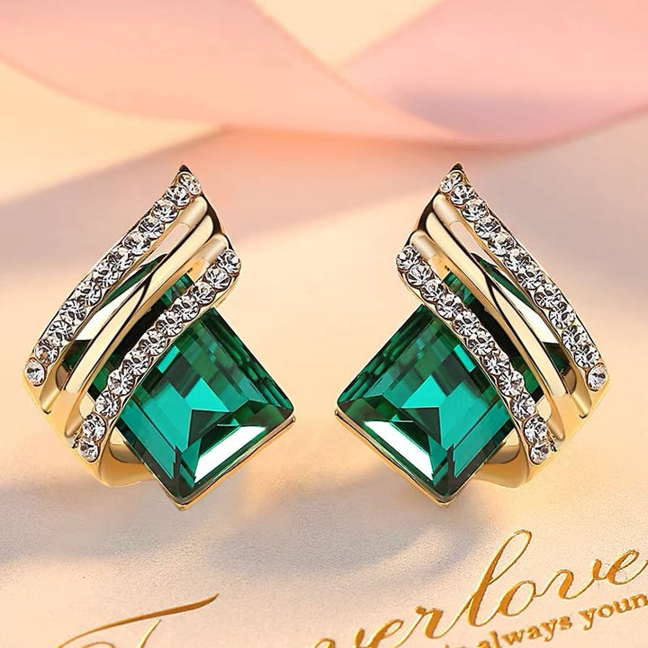 Emerald Square Stone Twist Band Stud Earrings Vintage Luxury Statement Jewelry For Women