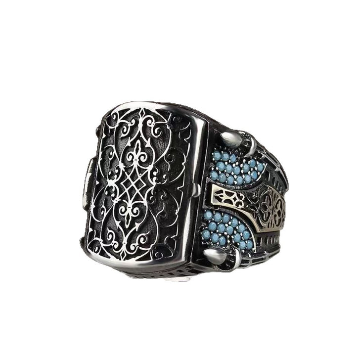 Vintage Engraved Secret Compartment Statement Ring Men Retro Turquoise Inlaid Jewelry