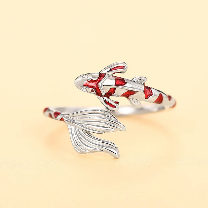 Lucky Koi Fish Open Wrap Ring Red Enamel Fish Statement Ring Sterling Silver Ring Two Tone Adjustable Animal Ring For Women Japanese Style Luck Jewelry Gift