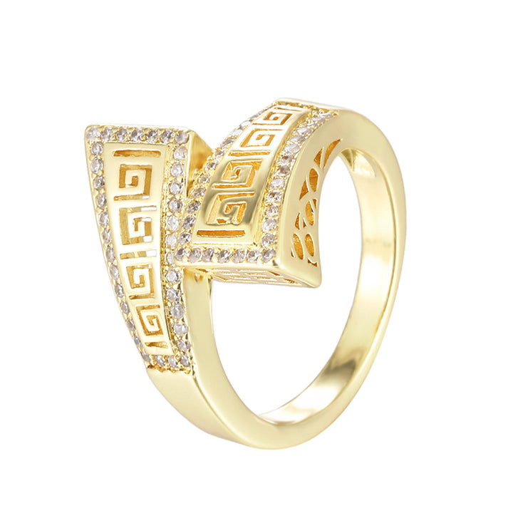 Vintage Geometric Bypass Statement Ring For Women Greek Key Pattern Diamond Inlaid Fashion Jewelry