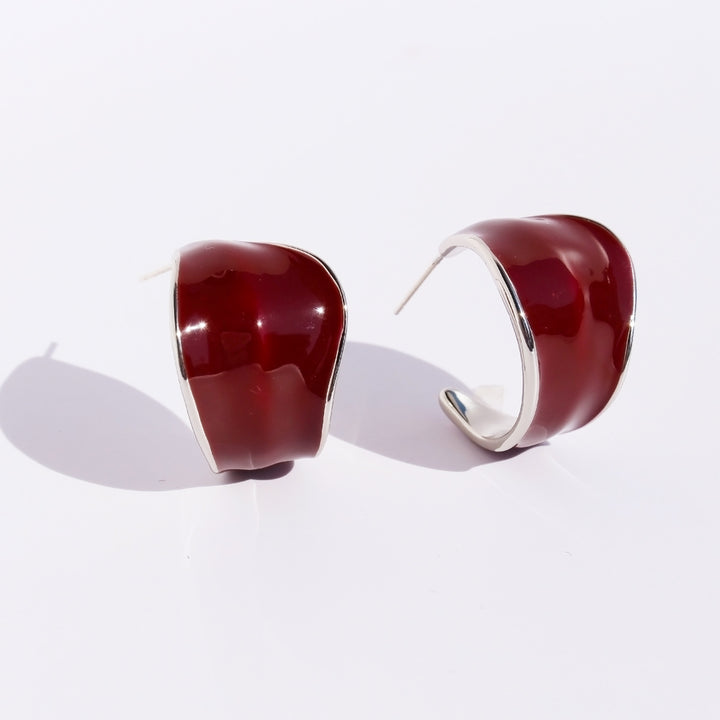 Sterling Silver Post Enamel CHoop Earrings Artistic Irregular Curved Hoops Angola Red And White Premium Jewelry