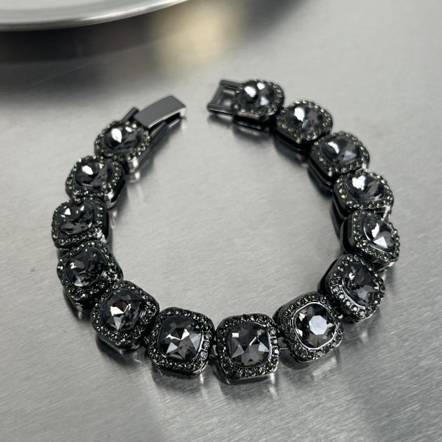 Black Cushion Cut Diamond Tennis Chain Hip Hop Statement Necklace Bracelet Set Iced Out Square Diamond Choker Trendy Streetwear Jewelry For Men