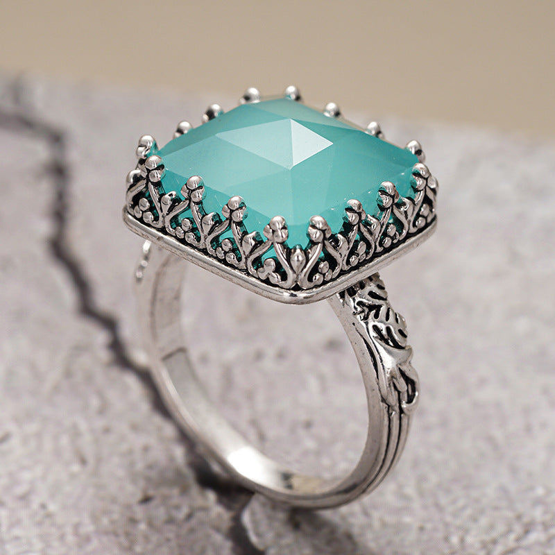 Turquoise Blue Square Vintage Ring Women Silver Filigree Statement Jewelry Gift