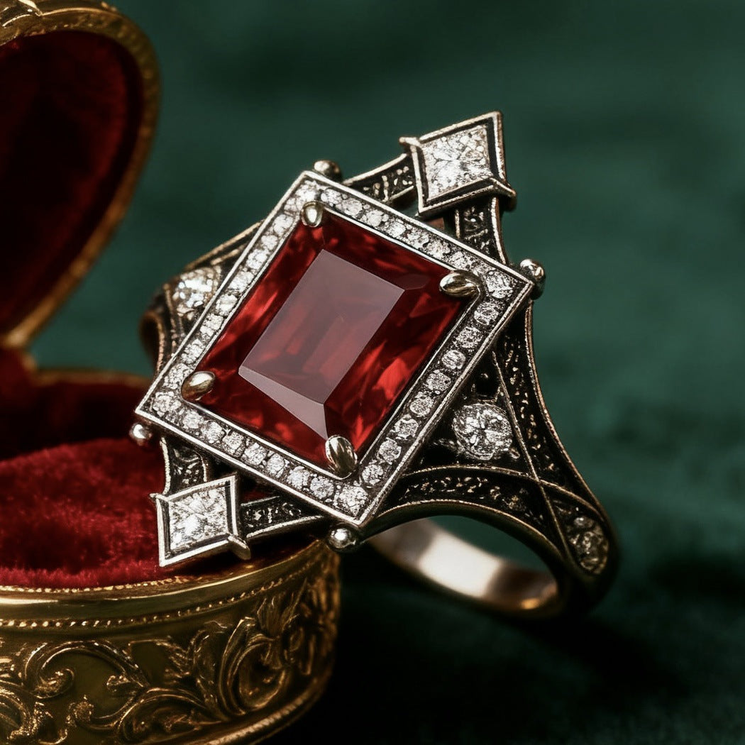 Vintage Edwardian‑Style Square Ruby Center Stone Diamond Ring Antique Open‑Work Carved Women’s Band