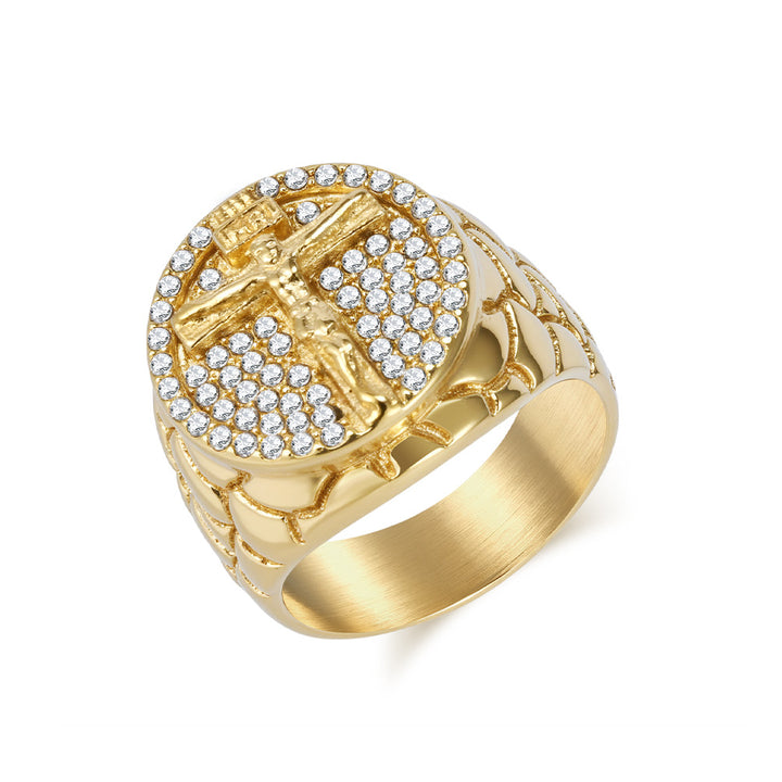 Round Cross Jesus Full Diamond Men Ring Hip Hop Retro Faith Statement Ring