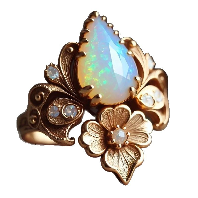 Pear Opal Vintage Floral Ring Women Art Nouveau Rose Gold Leaf Carving Cocktail Ring