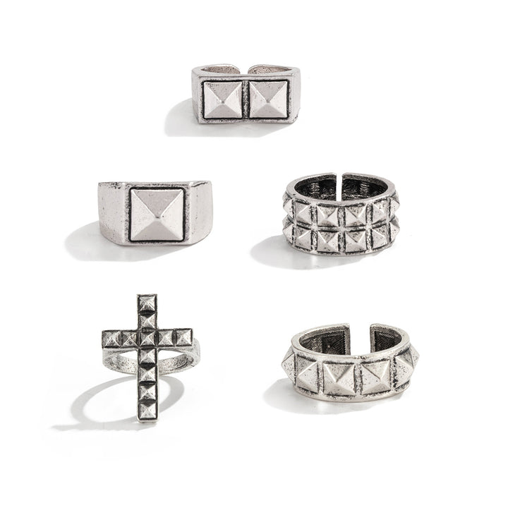 Silver Pyramid Stud Cross Five Piece Ring Set Punk Mens Adjustable Open Rings