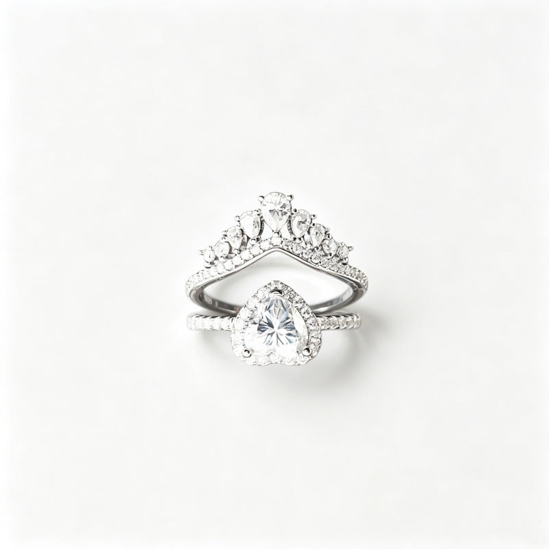 Heart‑Shaped Main Stone Crown Stackable Ring Romantic Two‑Piece Luxury Women Ring Set