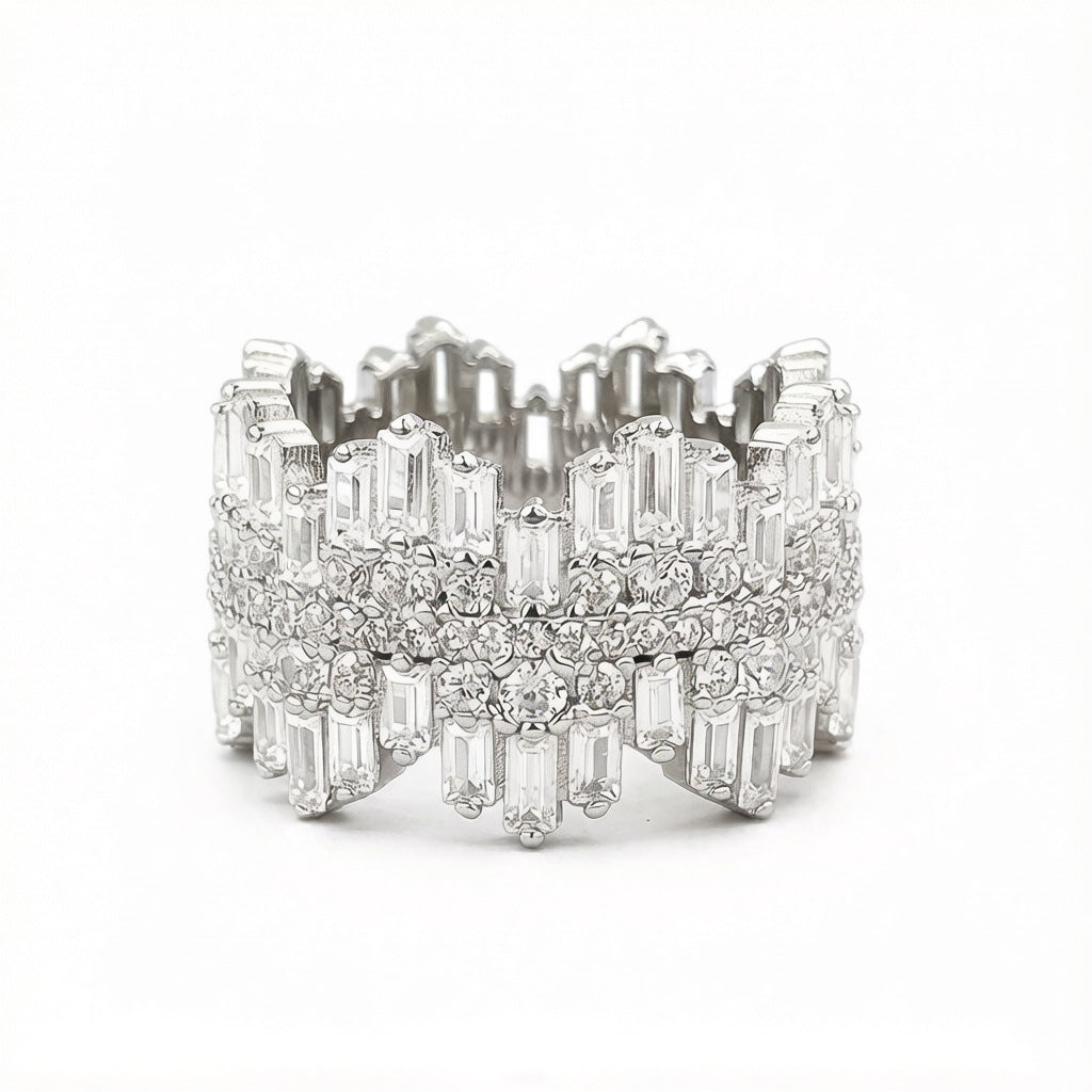 Baguette & Round‑Cut Diamond Wavy Wide Band Ring Heavy‑Set Open‑Work Luxury Ring