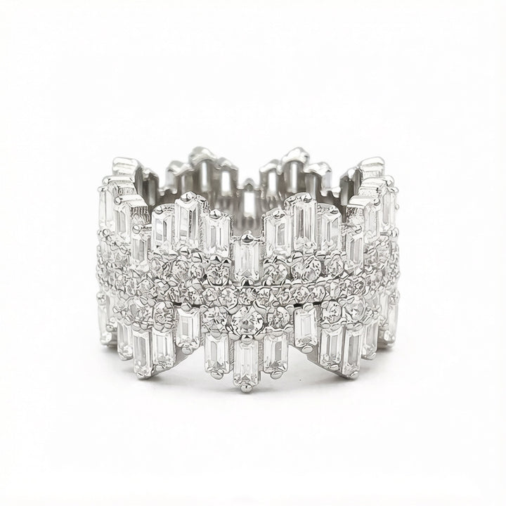 Baguette & Round‑Cut Diamond Wavy Wide Band Ring Heavy‑Set Open‑Work Luxury Ring