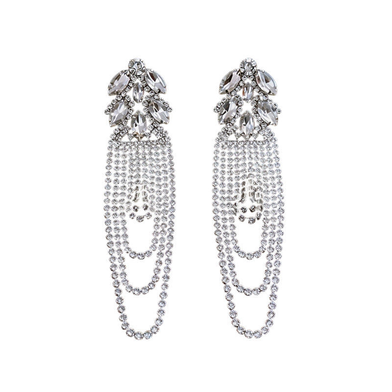 Long Tassel Chandelier Earrings Women Marquise Crystal Cluster Dangle Earrings Silver Black Obsidian