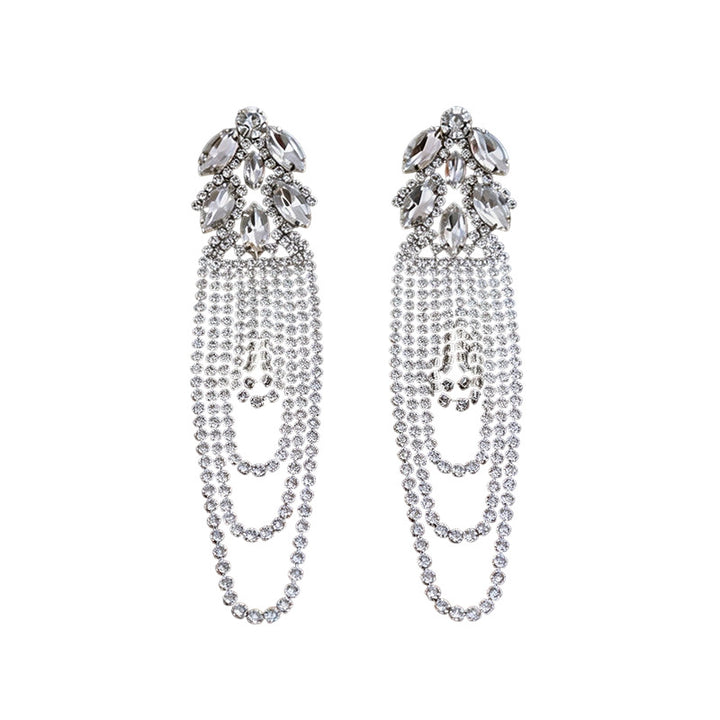Long Tassel Chandelier Earrings Women Marquise Crystal Cluster Dangle Earrings Silver Black Obsidian