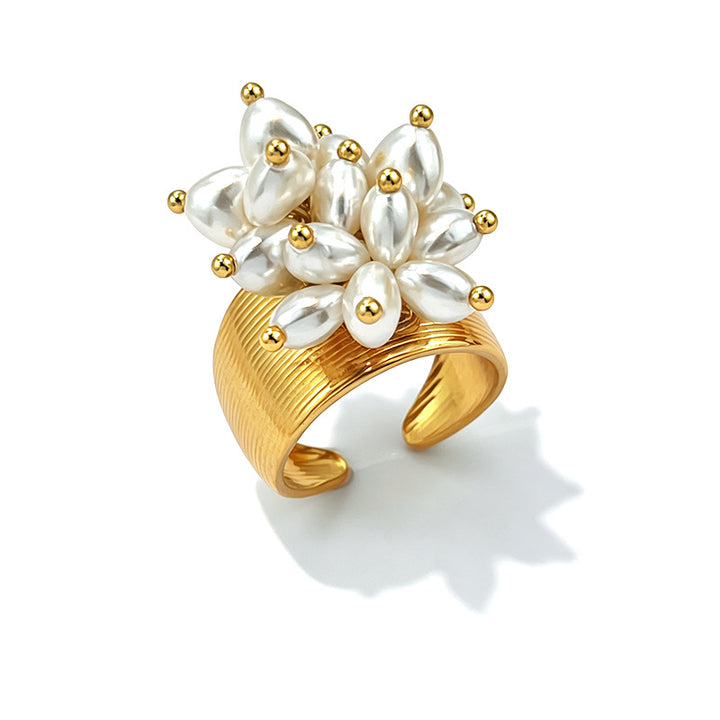 Freshwater Pearl Cluster Statement Open Ring Floral Pearl Wide Band Ring