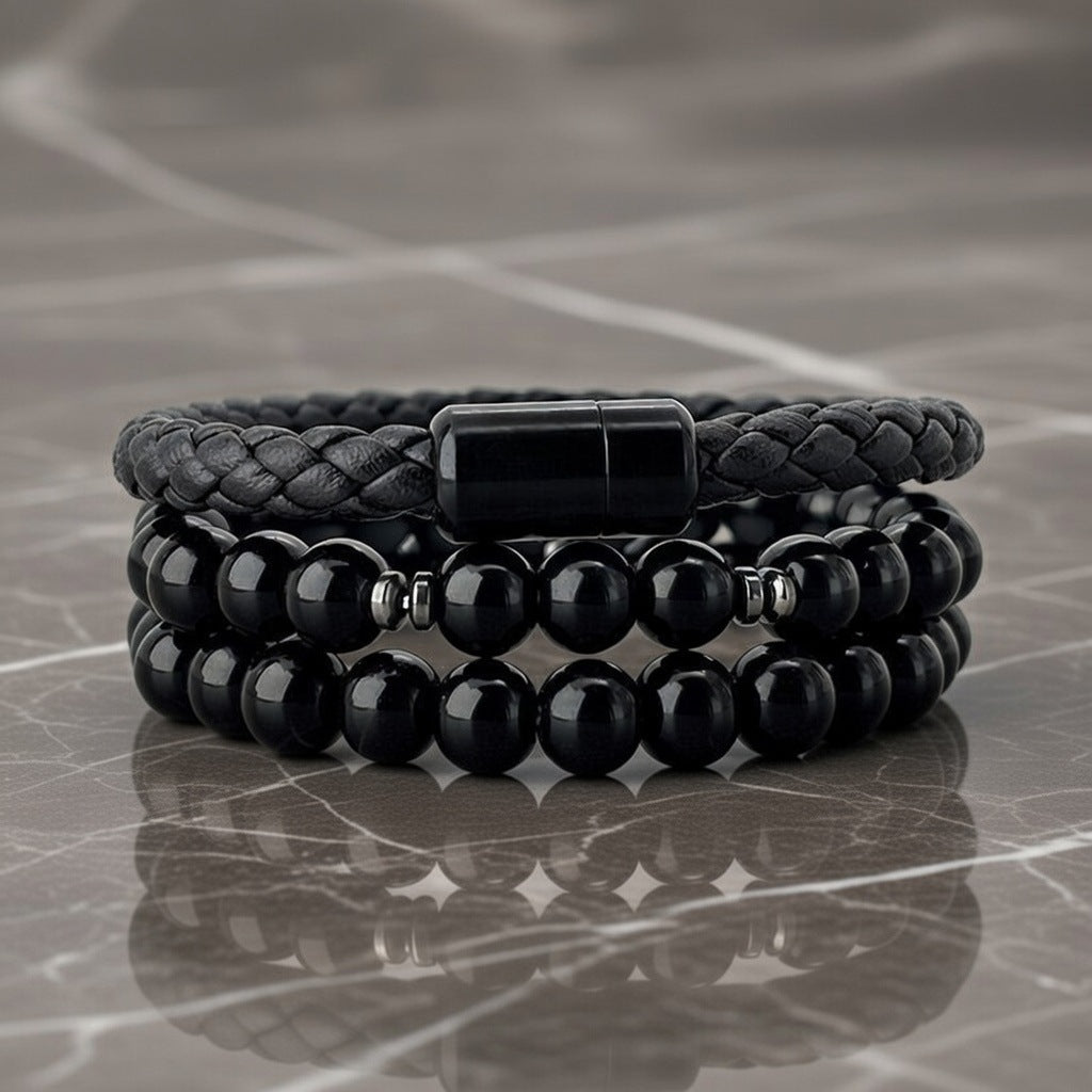 Men Multi Layer Stacked Bracelet Set Braided Leather Natural Stone Bead Wristband Classic Minimalist Statement Hand Jewelry