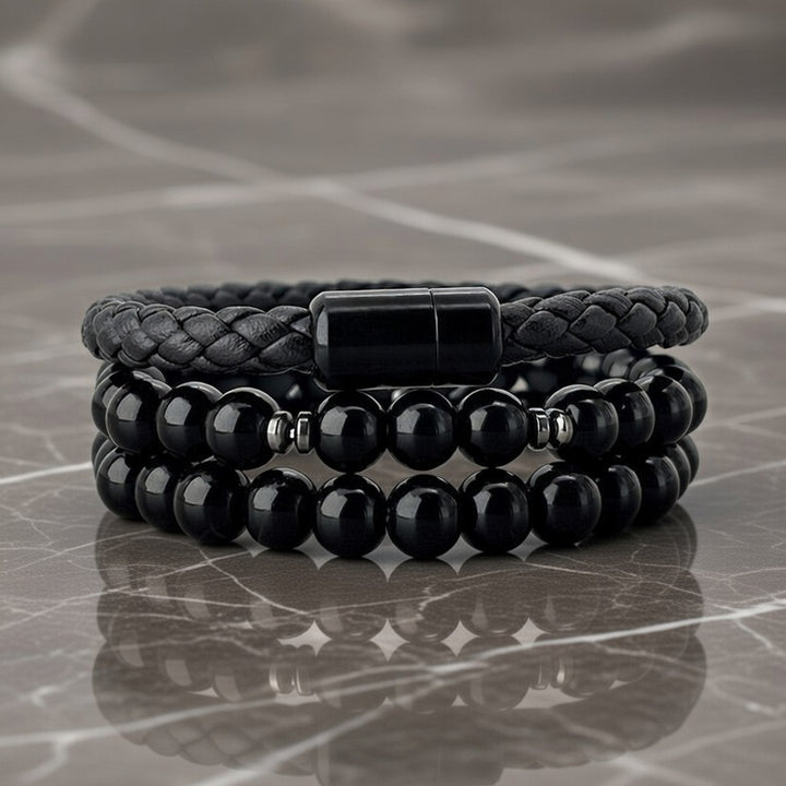 Men Multi Layer Stacked Bracelet Set Braided Leather Natural Stone Bead Wristband Classic Minimalist Statement Hand Jewelry