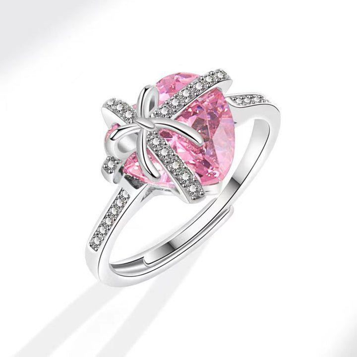 Heart Cut Diamond Bow Knot Open Ring Romantic Promise Statement Ring Elegant Adjustable Ring For Women