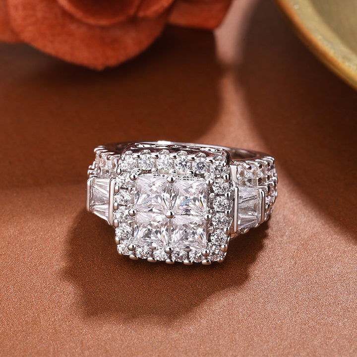 Luxury Square Cluster Set Sterling Silver Ring Paved Diamond Unisex Engagement Ring
