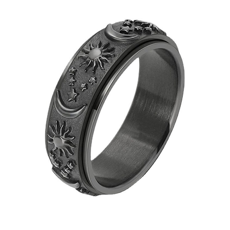Sun Moon Star Rotatable Fidget Spinner Ring Titanium Steel Anxiety Band Ring With Ring Box