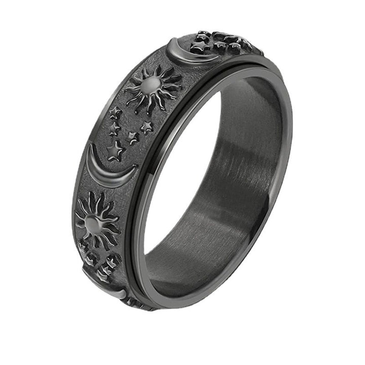 Sun Moon Star Rotatable Fidget Spinner Ring Titanium Steel Anxiety Band Ring With Ring Box