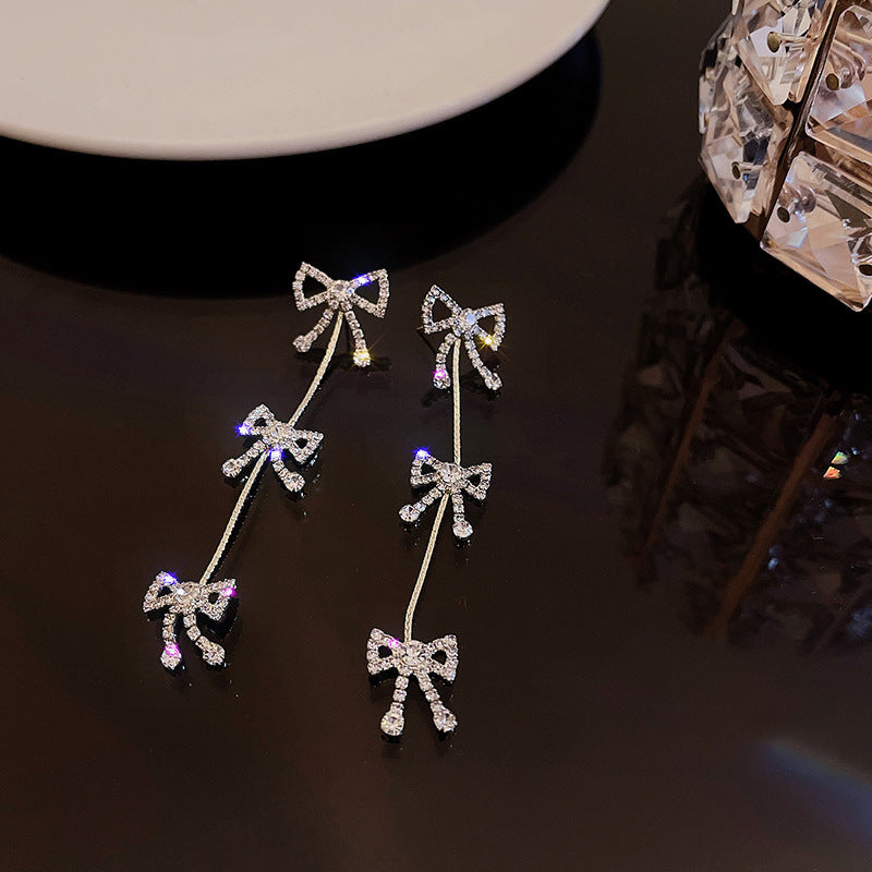 Long Tassel Bow Drop Earrings For Women Multi Bow Rhinestone Dangling Earrings Two Color Options