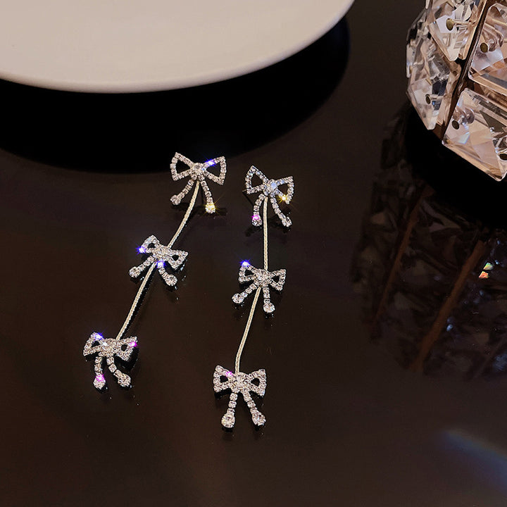 Long Tassel Bow Drop Earrings For Women Multi Bow Rhinestone Dangling Earrings Two Color Options