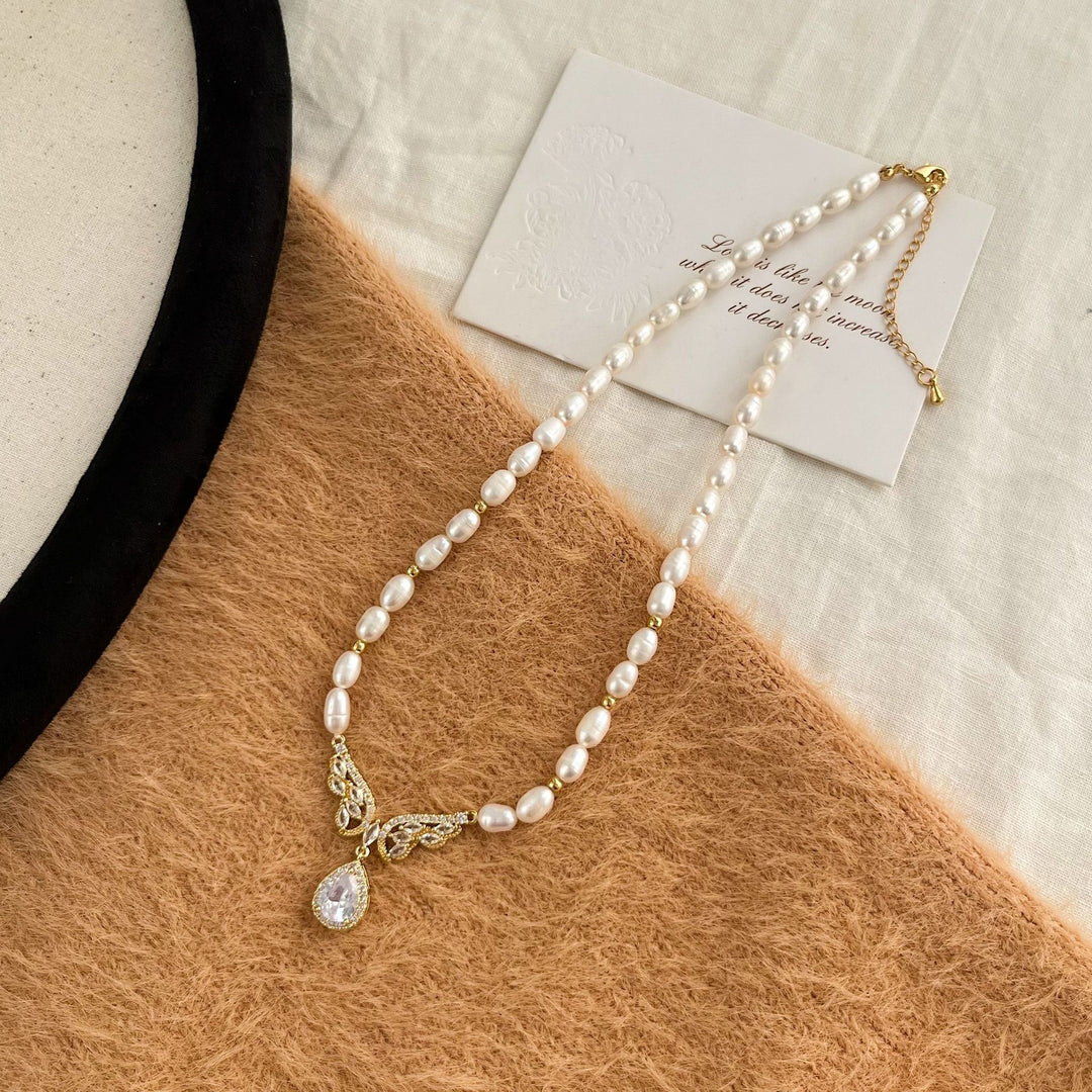 Teardrop Diamond Pendant Butterfly Freshwater Pearl Necklace Vintage Bridal Choker Elegant Statement Jewelry