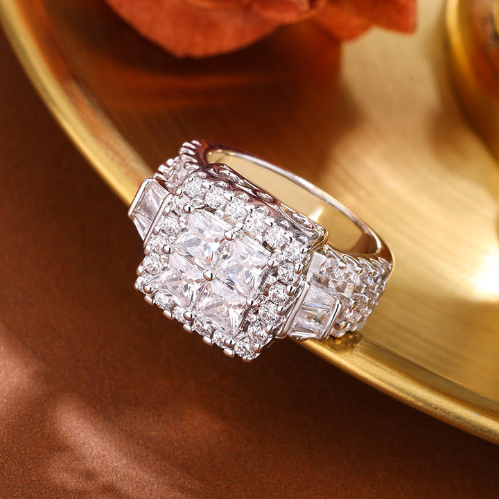 Luxury Square Cluster Set Sterling Silver Ring Paved Diamond Unisex Engagement Ring