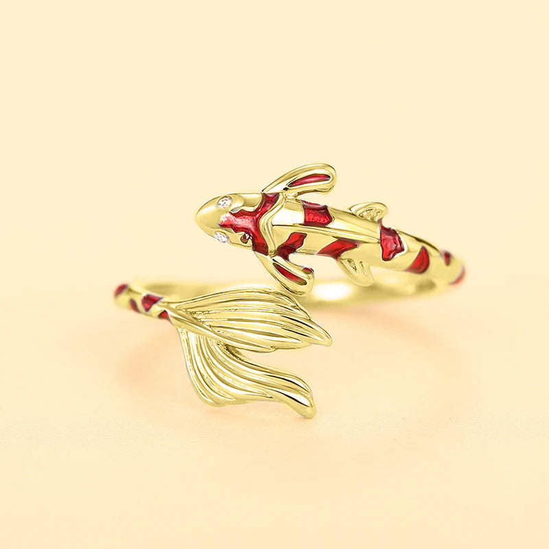 Lucky Koi Fish Open Wrap Ring Red Enamel Fish Statement Ring Sterling Silver Ring Two Tone Adjustable Animal Ring For Women Japanese Style Luck Jewelry Gift